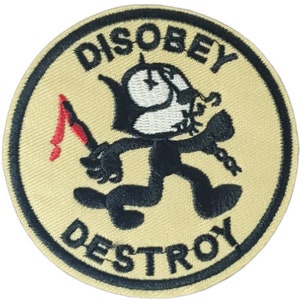 Felix The Cat Embroidered Patch, black cat, disobey, destroy, cartoon, cat, punk patch, iron on by Ba Ba Buttons