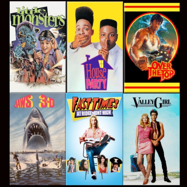 80s MOVIE POSTERS, Jaws 3D, House Party, Over the Top, Fast Times at Ridgemont High, Valley Girl, Little Monsters, Fridge Magnet, Button