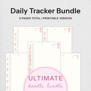 Puede incluir: Paquete de hojas de seguimiento diario imprimibles con cinco páginas con un esquema de color rosa y blanco. Las páginas están decoradas con varias formas de garabatos rosas, incluyendo estrellas, corazones y triángulos. El texto "ULTIMATE doodle bundle" está escrito en un círculo rosa.