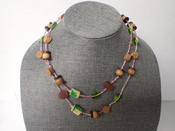 Necklace with Wooden Brown and Yellow-Green Beads - image 1