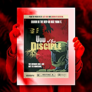 May include: A movie poster with a red, black, and green color scheme. The poster features a large, menacing creature with glowing eyes and a soldier in a futuristic suit. The title of the movie is "Vow of the Disciple". The poster also includes the text "Drown in the deep or rise from it." and "The upended will live out its namesake."