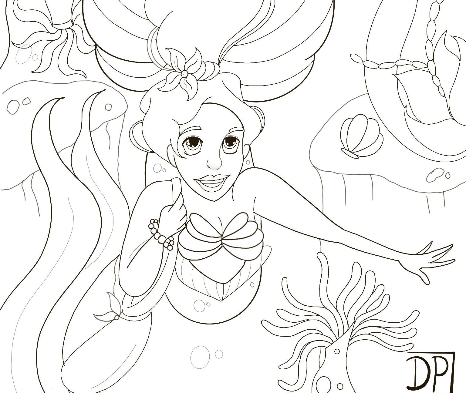 Coloring Page Swimming mermaid ocean scene | Etsy