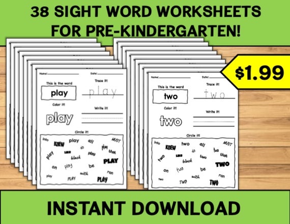 38 Printable Sight Word Worksheets for Pre-k Digital | Etsy
