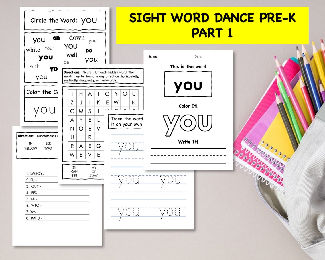 pre k sight word printable worksheets part 1 watch the pre k etsy