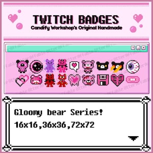 Może przedstawiać: Różowo-czarny pikselowy obrazek z odznakami Twitch przedstawiającymi serię ponurych niedźwiedzi. Obrazek zawiera tekst "Gloomy bear Series!" i "16x16, 36x36, 72x72".