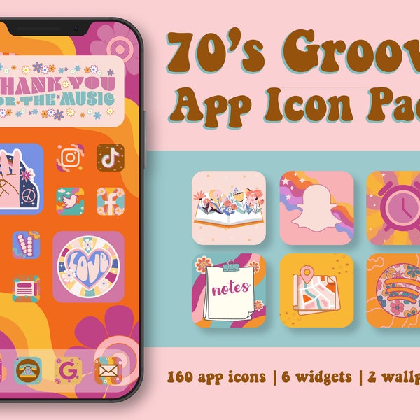 Groovy iOS 14 App Icons, Boho App Icons, Hippie iOS icons, iPhone or Android, Retro App Icons, 70s Aesthetic Icon Bundle