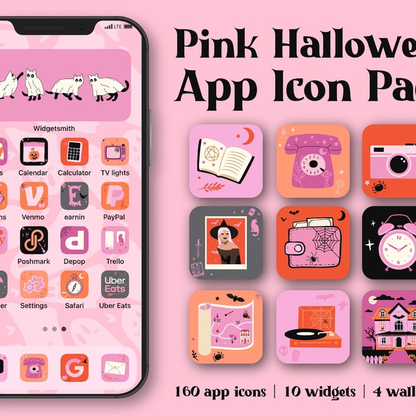 Pink Halloween Themed App Icons | 160 Icon Aesthetic Pack | iPhone or Android | Customize Home Screen
