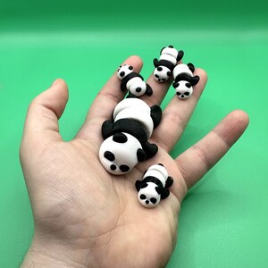 Puede incluir: Cinco peque&ntilde;as figuritas de panda negras y blancas, hechas de arcilla polim&eacute;rica, se muestran en la mano de una persona. Los pandas est&aacute;n en varias poses, incluyendo dormir y sentarse.