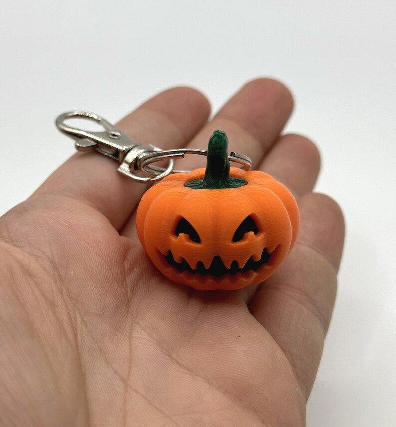 Pu&ograve; includere: Un portachiavi a forma di zucca arancione con un volto intagliato e un gambo verde. Il portachiavi ha un fermaglio argentato per attaccarlo a chiavi o borse. Un accessorio a tema Halloween.