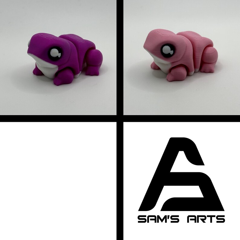 May include: A split image showing two 3D-printed frog figurines. One is a deep purple, the other a pale pink, both with white undersides and large, expressive eyes. The lower right corner displays the black and white logo for "SAM'S ARTS".