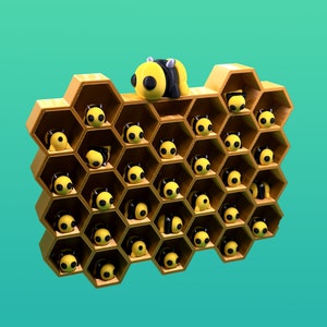 May include: A honeycomb-shaped wall shelf with 25 small bee figurines in each cell. A larger bee figurine is perched on top of the shelf.