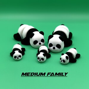 Puede incluir: Una familia de cinco osos panda negros y blancos, hechos de pl&aacute;stico impreso en 3D. Los osos est&aacute;n en varias poses, incluyendo dormir y sentarse. Los osos son de diferentes tama&ntilde;os, siendo el oso m&aacute;s grande el que est&aacute; en el centro de la imagen. La imagen est&aacute; etiquetada como "MEDIUM FAMILY".