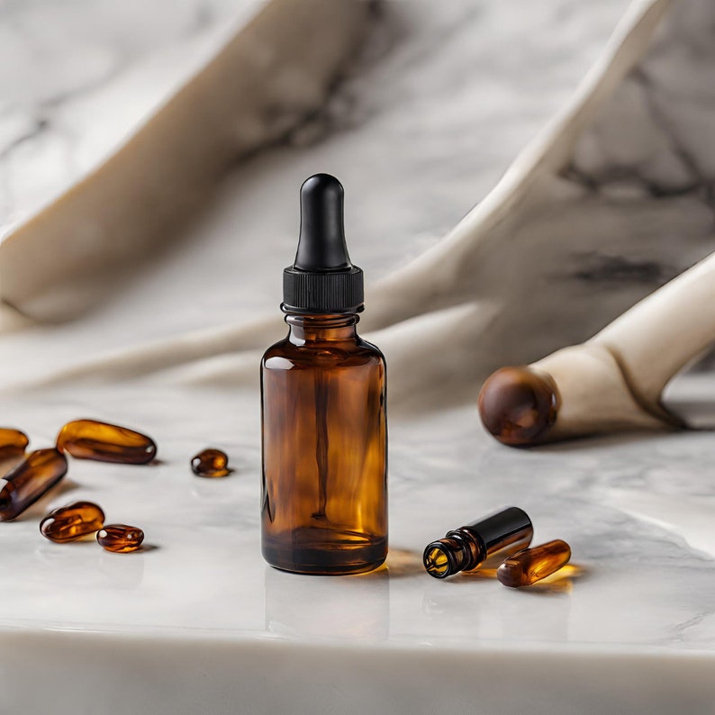 a bottle of essential oil on a marble surface