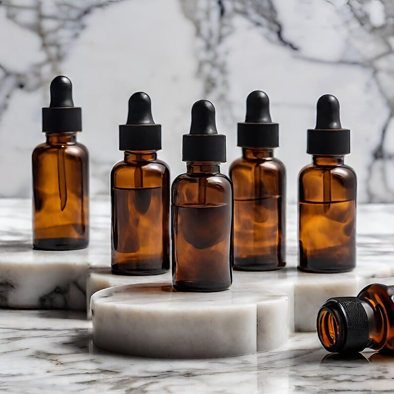 a group of brown bottles sitting on top of a marble counter