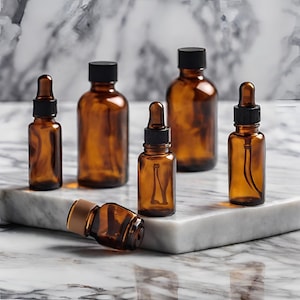 a group of bottles sitting on top of a marble slab