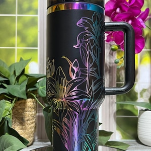 Tiger Lilies Laser Engraved 40oz Tumbler with Handle Lid and Straw, Custom Engraved Seamless Tumbler, Double Wall Insulated Cup
