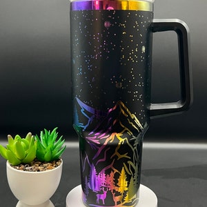 Mountains Scene Laser Engraved 40oz Tumbler with Handle Lid and Straw, Custom Engraved Tumbler, Double Wall Insulated Cup