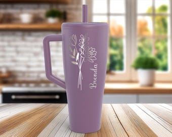 Personalized Birth Flower Laser Engraved Tumbler, 30oz or 40oz Insulated Stainless Steel Travel Cup