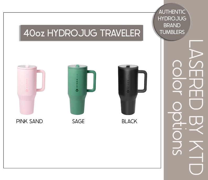 three different 40oz HydroJug Traveler tumblers in various colors: pink sand, sage, and black.