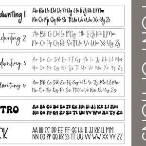 a collection of handwritten font styles and blocks, including various types of cursive and block fonts.
