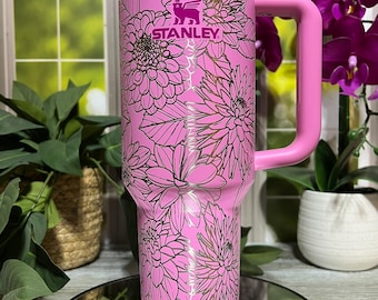 Dahlias Full Floral Laser Engraved 40oz Tumbler with Handle Lid and Straw, Custom Engraved Floral Tumbler, Double Wall Insulated Cup