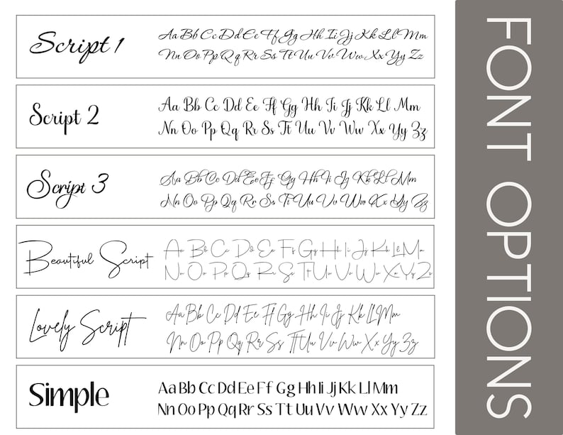 a collection of various font styles and script types, including script 1, script 2, script 3, beautiful script, lovely script, and simple script.