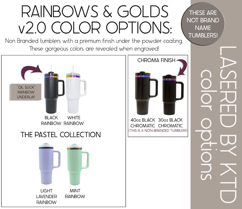 The image is a collage of three different colored stainless steel tumblers, each with a different color option: Rainbows & Golds v2.0, Oil Slick Rainbow Underlay, and Pastel Collection.
