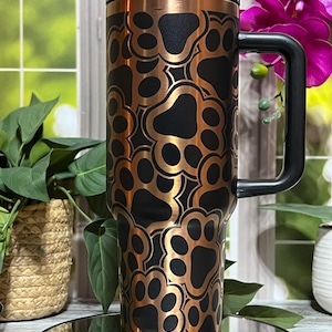 Paw Print Burst Laser Engraved 40oz Tumbler with Handle Lid and Straw, Custom Engraved Seamless Tumbler, Double Wall Insulated Cup