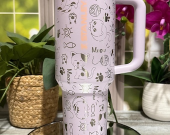 Cat Doodles Laser Engraved Tumbler, 30oz or 40oz Insulated Stainless Steel Travel Cup