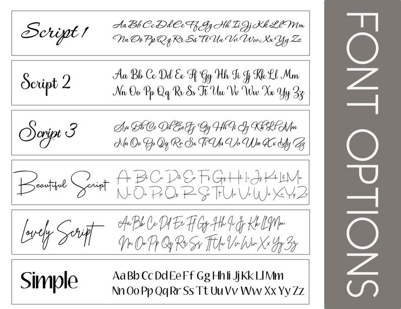 a collection of various font styles and script types, including script 1, script 2, script 3, beautiful script, lovely script, and simple script.