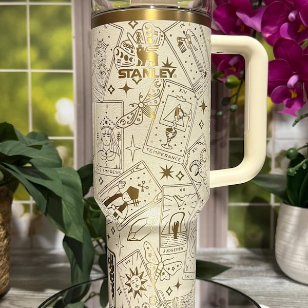 Tarot Cards Laser Engraved 40oz Tumbler with Handle Lid and Straw, Custom Engraved Seamless Tumbler, Double Wall Insulated Cup