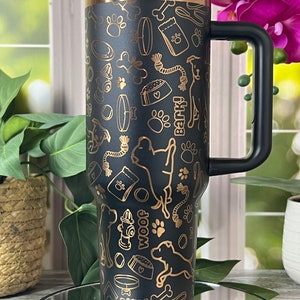 Pitbulls Dog Cute Dog Doodles Laser Engraved 40oz Black and Copper Non Branded Double Wall Insulated Tumbler w Handle & Straw RTS!