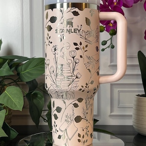 Floral Books Reading Laser Engraved Tumbler, Custom Stainless Steel Handled Cup, Personalized Drinkware