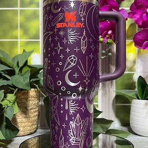 Boho Crystals & Moons Laser Engraved 40oz Tumbler with Handle Lid and Straw, Custom Engraved Seamless Tumbler, Double Wall Insulated Cup