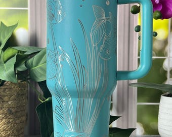 Sea Life Ocean Fish Laser Engraved 40oz Tumbler with Handle Lid and Straw, Custom Engraved Seamless Tumbler, Double Wall Insulated Cup