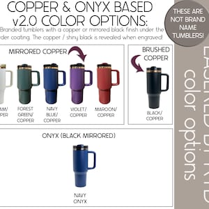 The image is a collage of various colored stainless steel tumblers, including copper and onyx-based options. The tumblers are labeled with their respective color names, such as "Copper" and "Onyx (Black Mirrored)."