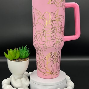 Peonies Laser Engraved 40oz Tumbler with Handle Lid & Straw, Custom Engraved Tumbler Full Wrap Seamless Design, Double Wall Insulated Cup