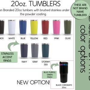 The image is a promotional graphic for non-branded 20oz tumblers with brushed stainless under the powder coating. It features a variety of colored tumblers, including black, white, blue, yellow, red, pink, olive, and green. The tumblers are labeled with their respective colors, and there is a new option for the black color, which is described as a "BLACK CHROMATIC 20oz."