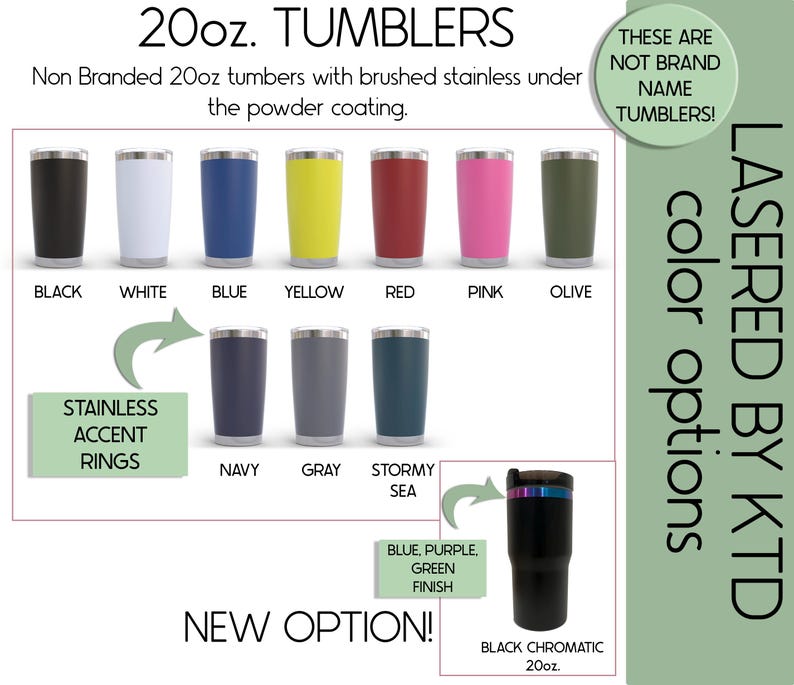 The image is a promotional graphic for non-branded 20oz tumblers with brushed stainless under the powder coating. It features a variety of colored tumblers, including black, white, blue, yellow, red, pink, olive, and green. The tumblers are labeled with their respective colors, and there is a new option for the black color, which is described as a "BLACK CHROMATIC 20oz."