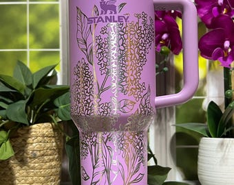 Lilacs Laser Engraved 40oz Tumbler with Handle Lid and Straw, Custom Engraved Seamless Floral Tumbler, Double Wall Insulated Cup