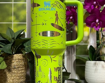 Paddleboarding Laser Engraved 40oz Tumbler with Handle Lid and Straw, Custom Engraved Seamless Tumbler, Double Wall Insulated Cup