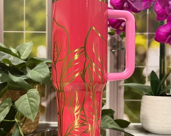 Kubek termiczny z grawerunkiem laserowym Calla Lilies, 40-uncjowy, różowo-złoty, ze stali nierdzewnej