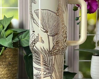 Giraffes Laser Engraved 40oz Tumbler with Handle Lid and Straw, Custom Engraved Seamless Tumbler, Double Wall Insulated Cup