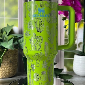 Cute Cactus Laser Engraved 40oz Tumbler with Handle Lid and Straw, Custom Engraved Seamless Tumbler, Double Wall Insulated Cup