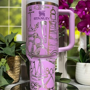Nautical Doodles Laser Engraved 40oz Tumbler with Handle Lid and Straw, Custom Engraved Seamless Tumbler, Double Wall Insulated Cup