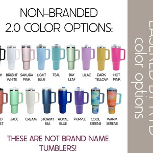 a collection of colorful tumblers, each with a different color option, arranged in a grid format. The text indicates that these are non-branded color options and not brand names.
