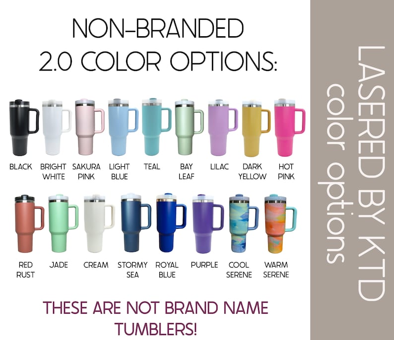 a collection of colorful tumblers, each with a different color option, arranged in a grid format. The text indicates that these are non-branded color options and not brand names.