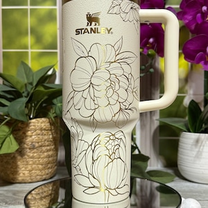 Peonies Laser Engraved 40oz Tumbler with Handle Lid & Straw, Custom Engraved Tumbler Full Wrap Seamless Design, Double Wall Insulated Cup