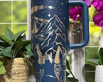 Wolves Mountains Scene Laser Engraved 40oz Tumbler with Handle Lid and Straw, Custom Engraved Tumbler, Double Wall Insulated Cup