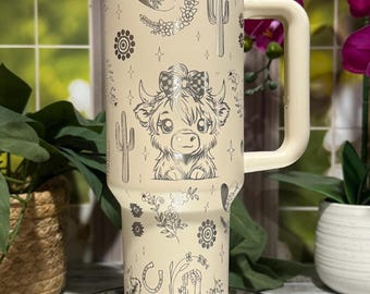 Joli gobelet de 40 oz gravé au laser Vaches des Highlands avec couvercle à anse et paille, gobelet sans couture gravé personnalisé, gobelet isotherme à double paroi